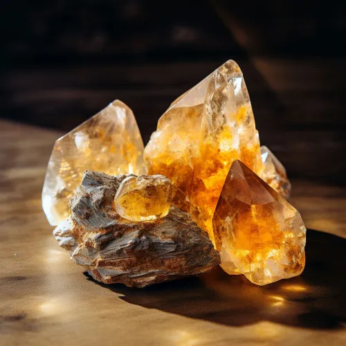 Close-up of antique citrine pin and topaz ring showing decades of wear patterns