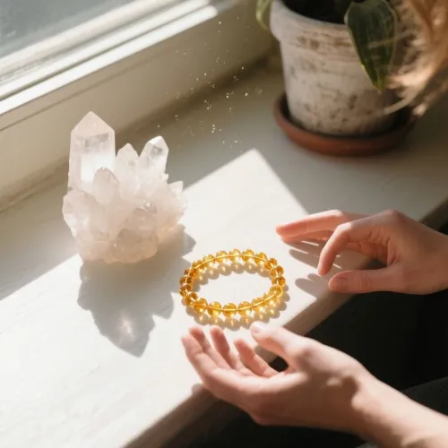 Close-up of citrine ornaments in different lighting settings revealing color variations