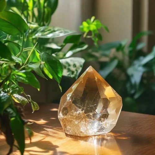 Detailed close-up of integrated citrine and rose quartz setting